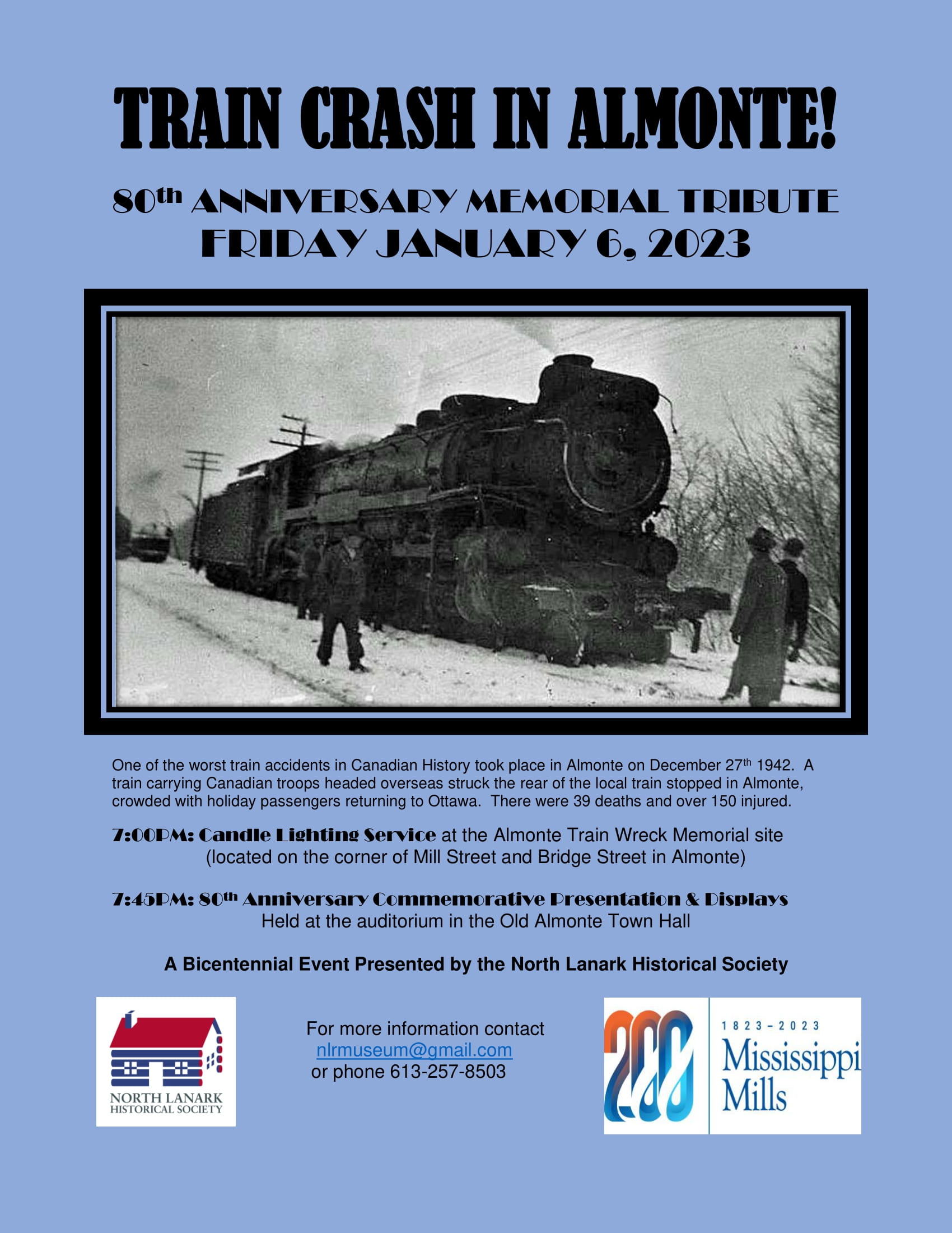 Poster for the Almonte Train Wreck memorial tribute on Friday, January 6, 2023